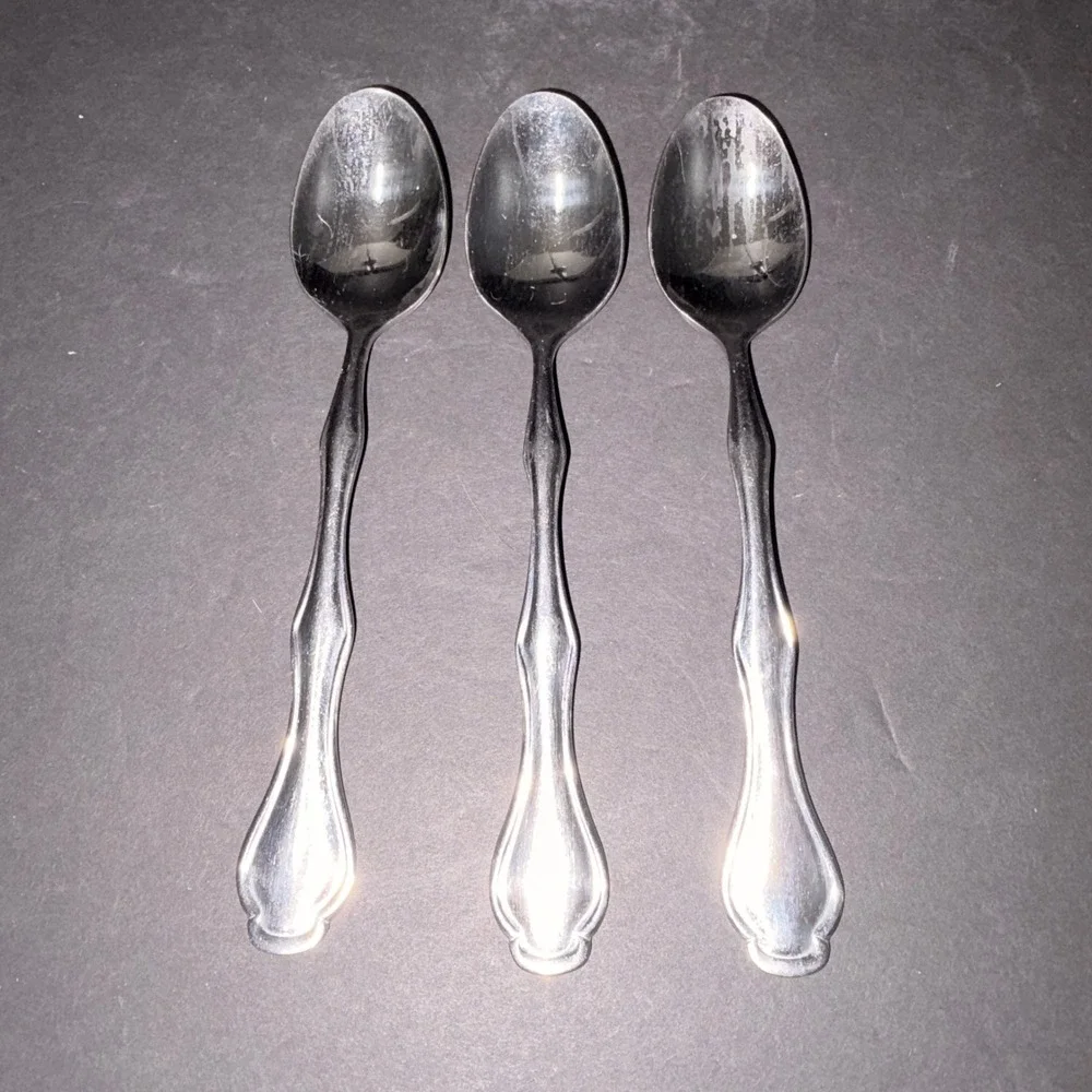 Set of 3 Stainless Steel Teaspoons Silver Fiddle Handle Scroll Detail 6.25